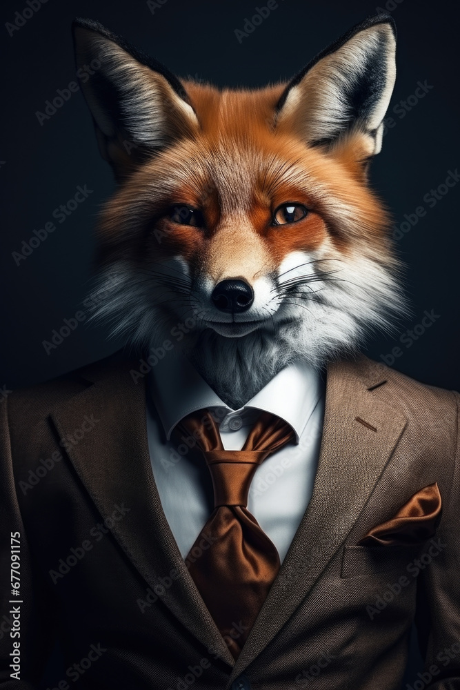 Poster a picture of a red fox dressed in a suit and tie. this image can be used to represent professionalis