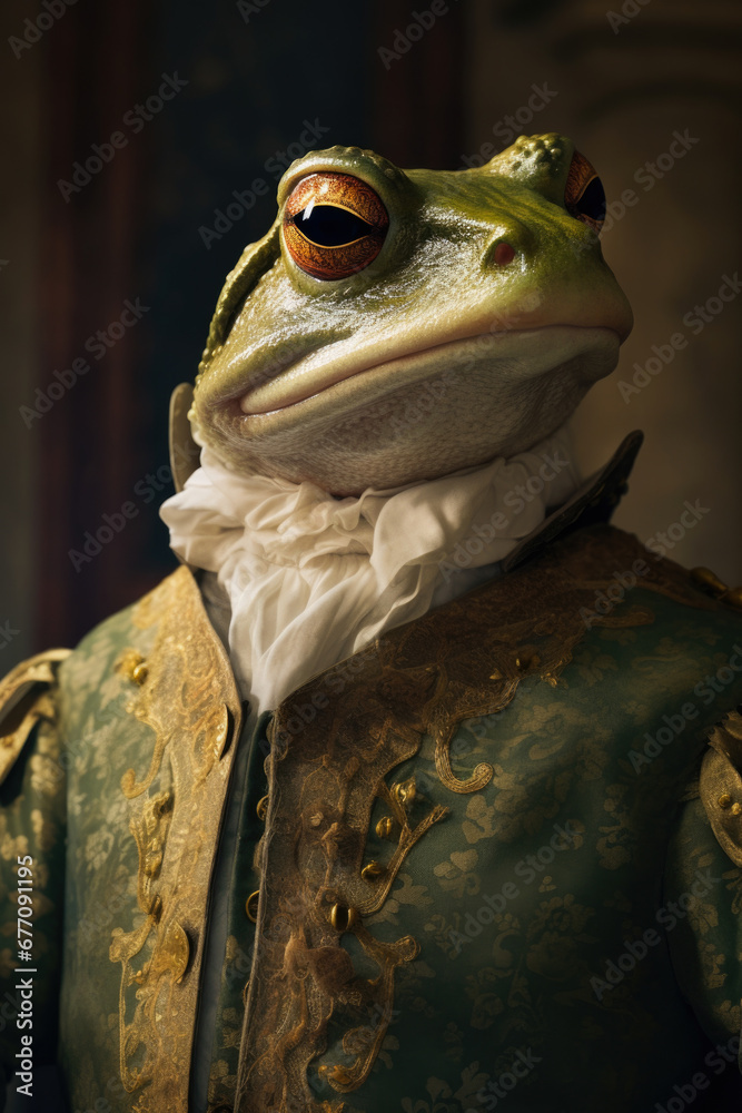 Aufkleber A picture of a frog dressed in a green and gold outfit. This image can be used to add a touch of whimsy and fun to various projects.