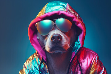 A picture of a dog wearing sunglasses and a jacket. Can be used to depict a fashionable or cool dog.