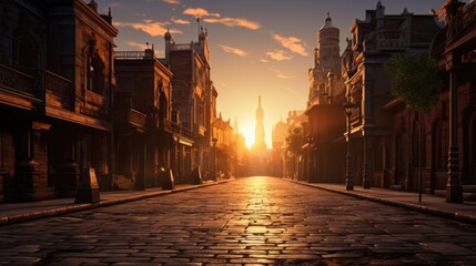 Obraz premium Abstract European City. Deserted city streets at dawn with the first rays of sunlight casting long shadows.