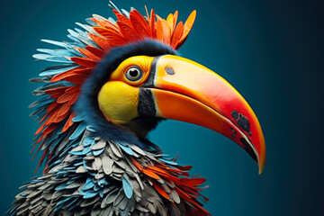 A vibrant and detailed close-up shot of a colorful bird against a bright blue background. Perfect for nature enthusiasts and birdwatchers. Can be used in various projects and designs.