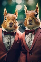 Foto op Canvas Two squirrels dressed in formal attire, wearing suits and bow ties. Perfect for adding a touch of whimsy and sophistication to any project. © Fotograf