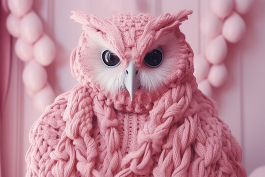 A pink knitted owl sitting on top of a table. This image can be used for various craft and DIY projects.