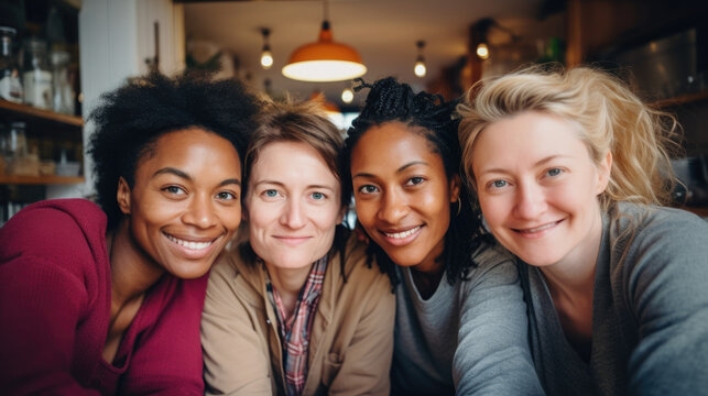 Mature Women Hug And Look At Camera On City Street. Portrait Of Happy Middle Age Friends Outside. Female Friendship