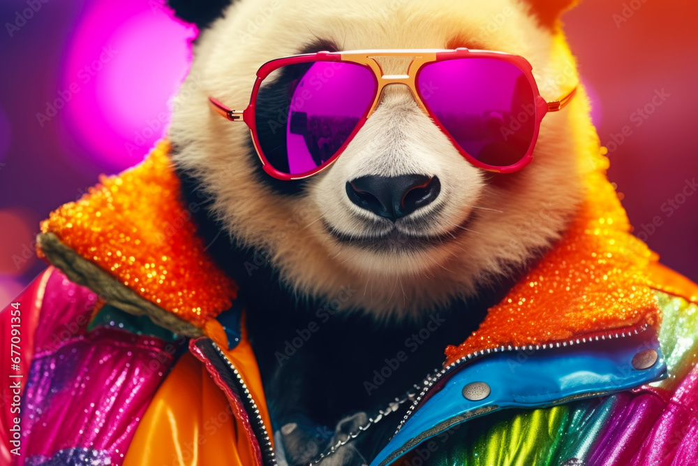 Poster a cool and stylish panda bear wearing sunglasses and a jacket. this image can be used to add a fun a