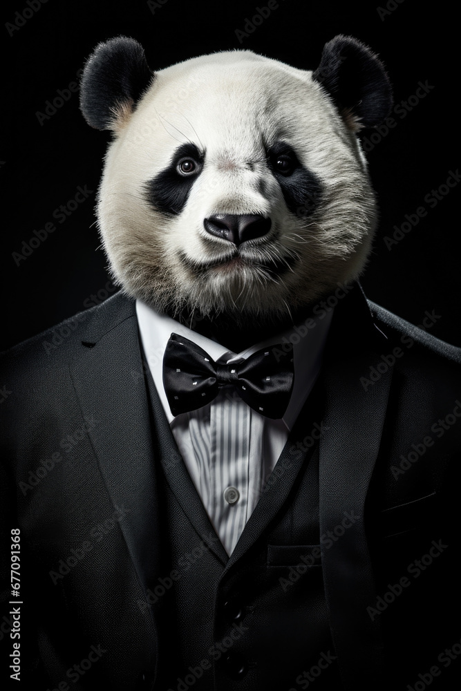 Poster A cute panda bear dressed in a formal suit and bow tie. Perfect for adding a touch of whimsy to any project or design.