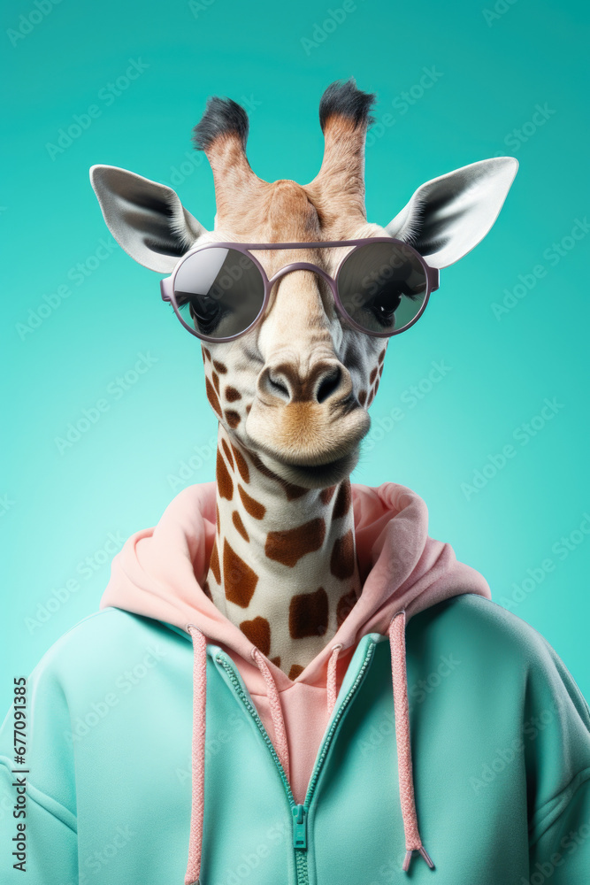 Aufkleber A unique and playful image of a giraffe wearing sunglasses and a hoodie. Perfect for adding a fun and trendy touch to any project or design.
