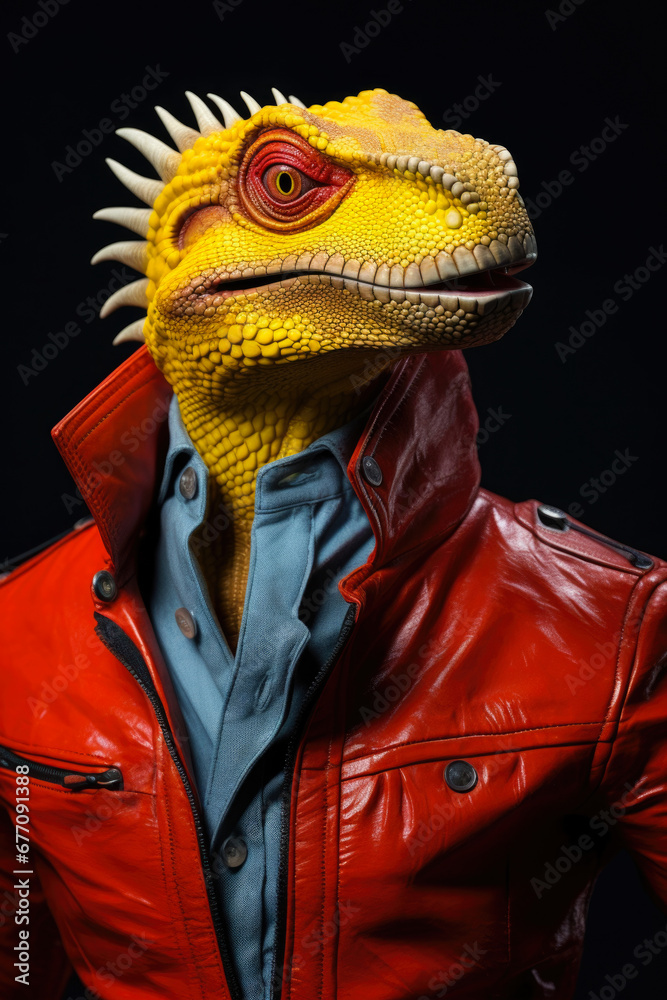 Poster A close-up photograph of a lizard wearing a stylish leather jacket. This unique image can be used in various creative projects and designs.
