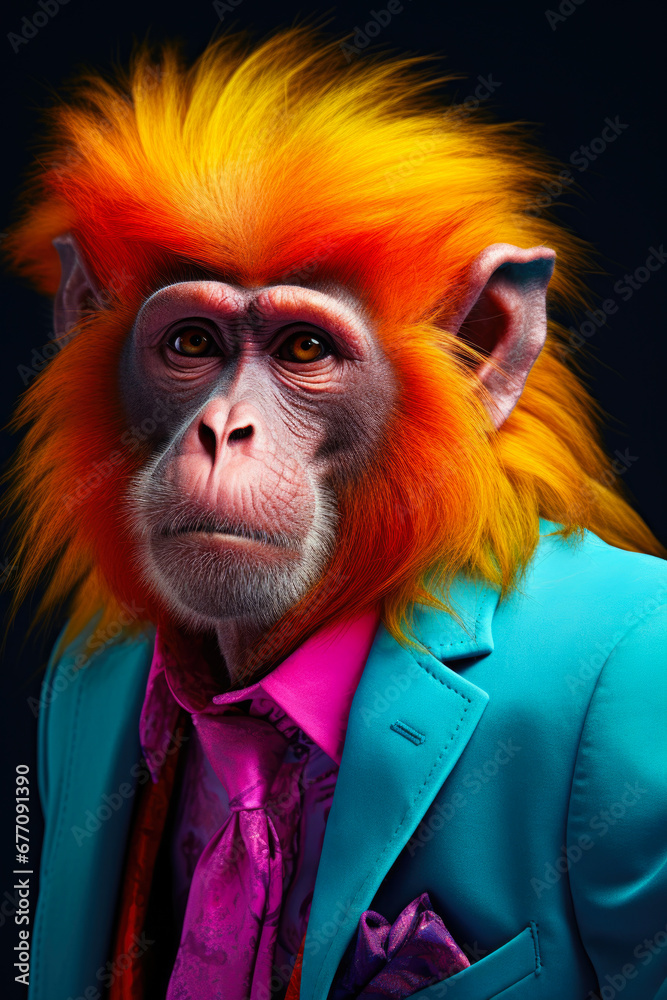 Poster A picture of a monkey dressed in a formal suit and tie. This image can be used to convey a sense of humor or to depict a monkey in a human-like setting.