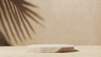 Minimal abstract concrete texture background for cosmetic/beauty product presentation. Podium with tropical palm leaf shadow on natural stone wall.