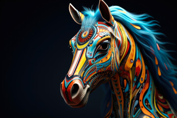 Fototapeta na wymiar A close up view of a horse that has been painted, set against a black background. This image can be used for various purposes, such as artistic projects, equestrian events, or animal-themed designs.