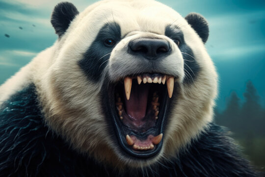 A close-up shot of a bear with its mouth wide open. This image captures the ferocity and power of the bear in its natural habitat. Perfect for illustrating wildlife and animal behavior.