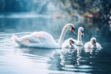 Mother swan with her chicks. - obrazy, fototapety, plakaty