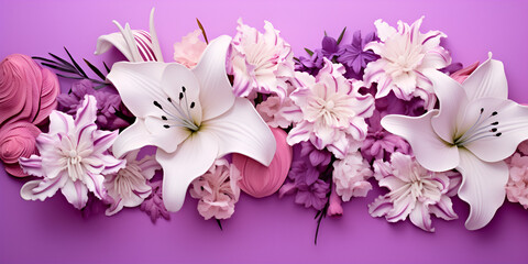 Bright colourful flower border of purple peonies and white flowers on purple background