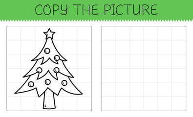 Copy the picture is an educational game for kids with cute christmas tree. Cute cartoon christmas tree coloring book. Vector illustration.