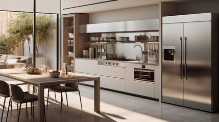 A modern kitchen features sleek and stainless - obrazy, fototapety, plakaty