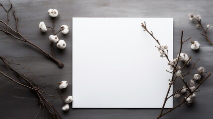 Empty white paper on a minamalist wooden  gray  table , view  from top, flatlay, dried botanicals 