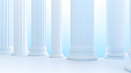 Beautiful airy widescreen minimalistic white and light blue architectural background banner with tilted columns.
