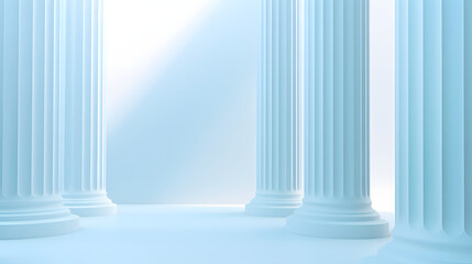 Beautiful airy widescreen minimalistic white and light blue architectural background banner with tilted columns.
