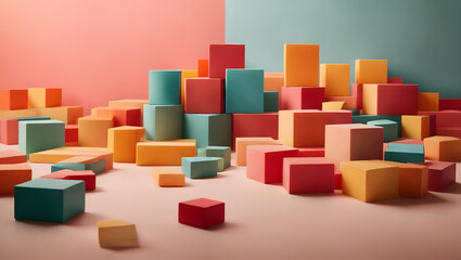 Composition of floating, colorful blocks in gradient hues, creating a sense of depth against a plain and minimalist surface.