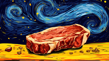 Hand drawn impressionist oil painting steak gourmet illustration
