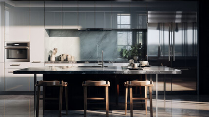 A modern kitchen has a center island and a backsplash of glass tile