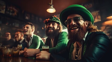 St. Patrick's Day, celebrating groups of people at the bar wearing clothes with green shades. - obrazy, fototapety, plakaty