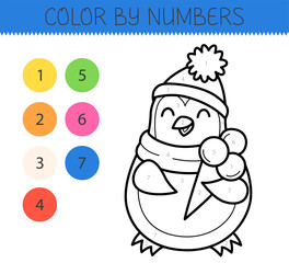 Color by numbers coloring book for kids with cute penguin with ice cream. Coloring page with cartoon penguin. Monochrome black and white. Vector illustration.