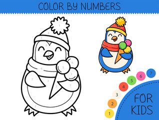 Color by numbers coloring page for kids with cute penguin with ice cream. Coloring book with cartoon penguin with an example for coloring. Monochrome and color versions. Vector illustration.