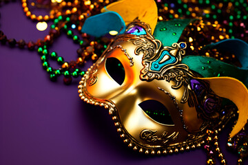 picture of a golden colorful carnival mask decorated with bright orange green and purple jewelry and with purple and orange feathers in a purple background, carnival theme, copy space