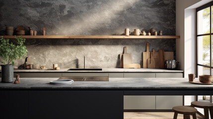 A modern kitchen has an industrial-style range and stone countertops - obrazy, fototapety, plakaty