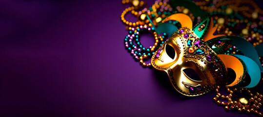 panoramic picture of a golden colorful carnival mask decorated with bright orange green and purple jewelry and with purple and orange feathers in a purple background, carnival theme, copy space