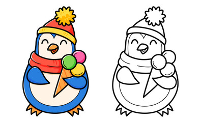Penguin with ice cream coloring book with coloring example for kids. Coloring page with penguin. Monochrome and color version. Vector children's illustration.