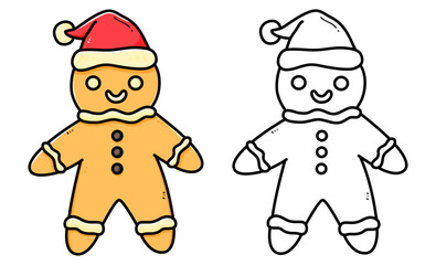 Gingerbread man coloring book with coloring example for kids. Coloring page with gingerbread man. Monochrome and color version. Vector children's illustration.