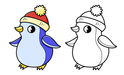 Penguin in the hat coloring book with coloring example for kids. Coloring page with penguin in the hat. Monochrome and color version. Vector children's illustration.