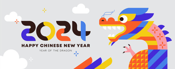 Naklejka premium Chinese New Year 2024 banner, Year of the dragon. Chinese zodiac dragon in geometric flat modern style.
