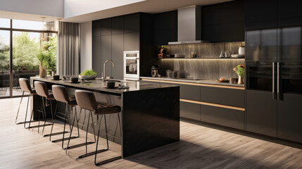 a modern kitchen with black cabinets and stainless-steel appliances and a large island counter - obrazy, fototapety, plakaty