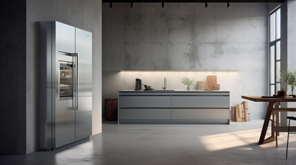 a modern kitchen with grey walls and a polished concrete floor and a large stainless steel refrigerator