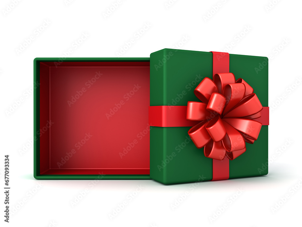 Poster Blank opened christmas gift box or green present box tied with red ribbon bow isolated on white background with shadow minimal conceptual 3D rendering