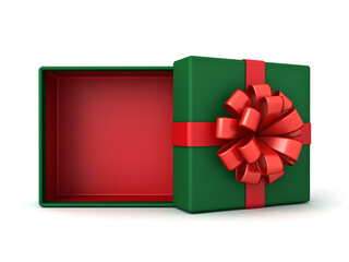Blank opened christmas gift box or green present box tied with red ribbon bow isolated on white background with shadow minimal conceptual 3D rendering