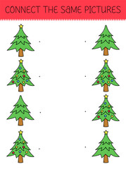 Connect the same pictures game with cartoon christmas tree. Children's game with cute christmas tree. Vector illustration.
