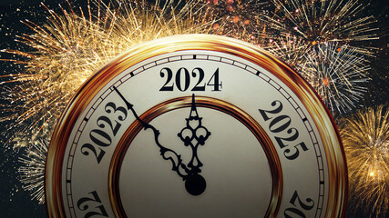 Beautiful vintage clock points to the new year 2024 with golden fireworks, concept. Happy new year...