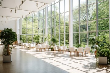 Greenhouse or winter garden with large windows and natural sunlight, for hosting large events such as a banquet, wedding or corporate event