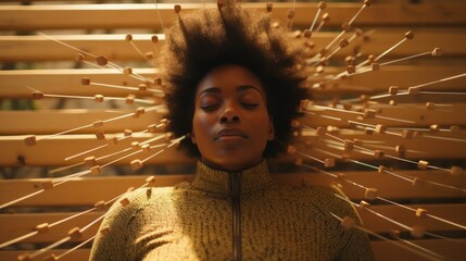 African American Woman Experiencing Pain Relief with Acupuncture on Prickly Mat - obrazy, fototapety, plakaty