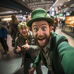 Fototapeta premium Bizarre selfie with a caucasian leprechaun celebrating St Patrick Day.