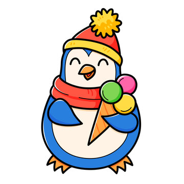 Cute penguin with ice cream character in cartoon style. Vector isolated on white illustration.