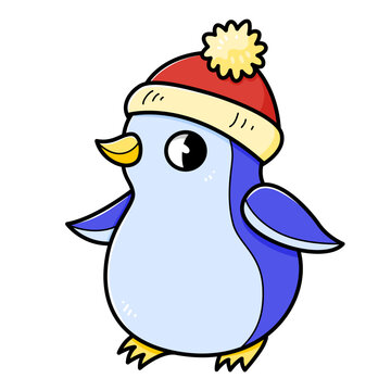 Cute penguin in a hat with a pompom character in cartoon style. Vector isolated on white illustration.