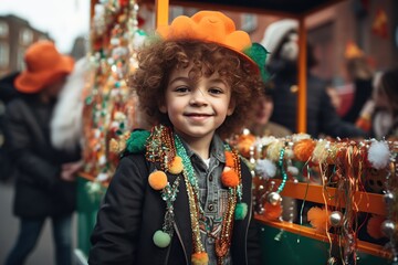 Cheerful boy wearing green clothes participating in Saint Patrick's Day parade in Irish town.