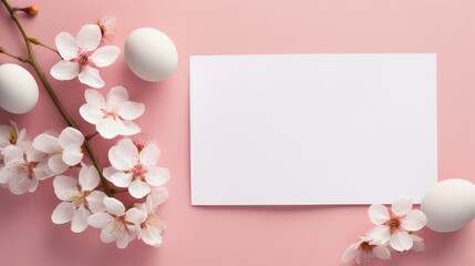 Fototapeta na wymiar Empty White Postcard on Feminine Neutral Warm Backdrop with flowers and Eggs 