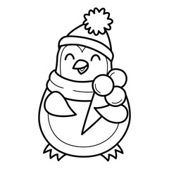 Penguin with ice cream coloring book for kids. Coloring page. Monochrome black and white illustration. Vector children's illustration.